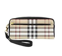 SamLng Reusable Cosmetic Makeup Bag – Gray plaid lines Print Leather Small Makeup Bag for Travel, Toiletry Organizer with Zipper, Black, One Size