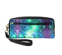 SamLng Reusable Cosmetic Makeup Bag – Green Blue Purple Galaxy Print Leather Small Makeup Bag for Travel, Toiletry Organizer with Zipper, Black, One Size