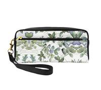 SamLng Reusable Cosmetic Makeup Bag – Green Eucalyptus Leaves Print Leather Small Makeup Bag for Travel, Toiletry Organizer with Zipper, Black, One Size