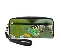 SamLng Reusable Cosmetic Makeup Bag – Green leaf colorful butterfly Print Leather Small Makeup Bag for Travel, Toiletry Organizer with Zipper, Black, One Size
