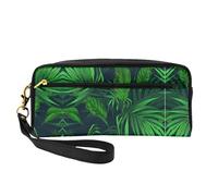 SamLng Reusable Cosmetic Makeup Bag – Green Tropical Plant Print Leather Small Makeup Bag for Travel, Toiletry Organizer with Zipper, Black, One Size
