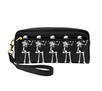 SamLng Reusable Cosmetic Makeup Bag â€“ Halloween Posable Skeleton Skull Print Leather Small Makeup Bag for Travel, Toiletry Organizer with Zipper, Black, One Size