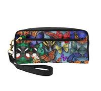 SamLng Reusable Cosmetic Makeup Bag â€“ Hand drawn color butterfly Print Leather Small Makeup Bag for Travel, Toiletry Organizer with Zipper, Black, One Size