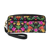 SamLng Reusable Cosmetic Makeup Bag – Hawaiian Flower Print Leather Small Makeup Bag for Travel, Toiletry Organizer with Zipper, Black, One Size