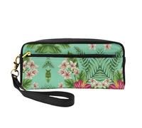 SamLng Reusable Cosmetic Makeup Bag â€“ Hawaiian Tropical Leaves Flowers Print Leather Small Makeup Bag for Travel, Toiletry Organizer with Zipper, Black, One Size