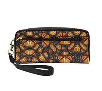 SamLng Reusable Cosmetic Makeup Bag – Heaps of Orange Monarch Butterflies Print Leather Small Makeup Bag for Travel, Toiletry Organizer with Zipper, Black, One Size