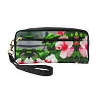 SamLng Reusable Cosmetic Makeup Bag – Hibiscus Flowers Print Leather Small Makeup Bag for Travel, Toiletry Organizer with Zipper, Black, One Size