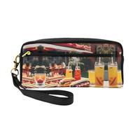 SamLng Reusable Cosmetic Makeup Bag – Hot Dogs and Lemonade Print Leather Small Makeup Bag for Travel, Toiletry Organizer with Zipper, Black, One Size