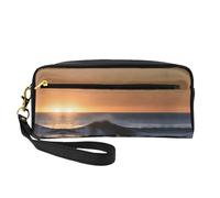 SamLng Reusable Cosmetic Makeup Bag â€“ Last Sun Rays of Over The Sea Waves Print Leather Small Makeup Bag for Travel, Toiletry Organizer with Zipper, Black, One Size