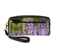 SamLng Reusable Cosmetic Makeup Bag – Lavender Flower s Print Leather Small Makeup Bag for Travel, Toiletry Organizer with Zipper, Black, One Size