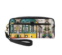 SamLng Reusable Cosmetic Makeup Bag â€“ lisbon tram Print Leather Small Makeup Bag for Travel, Toiletry Organizer with Zipper, Black, One Size