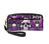 SamLng Reusable Cosmetic Makeup Bag â€“ many Purple Rose Skull Print Leather Small Makeup Bag for Travel, Toiletry Organizer with Zipper, Black, One Size