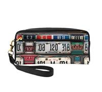 SamLng Reusable Cosmetic Makeup Bag â€“ Old License Plate Print Leather Small Makeup Bag for Travel, Toiletry Organizer with Zipper, Black, One Size