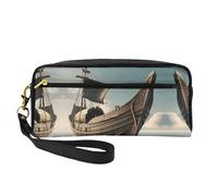 SamLng Reusable Cosmetic Makeup Bag – Old Viking Boat Print Leather Small Makeup Bag for Travel, Toiletry Organizer with Zipper, Black, One Size