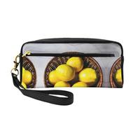 SamLng Reusable Cosmetic Makeup Bag – One Basket Lemons Print Leather Small Makeup Bag for Travel, Toiletry Organizer with Zipper, Black, One Size
