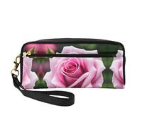 SamLng Reusable Cosmetic Makeup Bag – Pink Rose Blossom Print Leather Small Makeup Bag for Travel, Toiletry Organizer with Zipper, Black, One Size