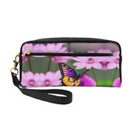 SamLng Reusable Cosmetic Makeup Bag â€“ Purple butterfly and flowers Print Leather Small Makeup Bag for Travel, Toiletry Organizer with Zipper, Black, One Size