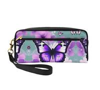 SamLng Reusable Cosmetic Makeup Bag – Purple Butterfly Print Leather Small Makeup Bag for Travel, Toiletry Organizer with Zipper, Black, One Size