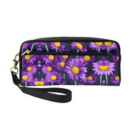 SamLng Reusable Cosmetic Makeup Bag â€“ Purple Daisy Flower Print Leather Small Makeup Bag for Travel, Toiletry Organizer with Zipper, Black, One Size