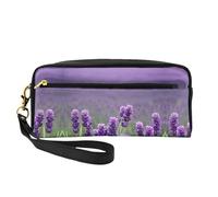 SamLng Reusable Cosmetic Makeup Bag – Purple Lavender Colored Flowers Print Leather Small Makeup Bag for Travel, Toiletry Organizer with Zipper, Black, One Size
