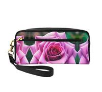 SamLng Reusable Cosmetic Makeup Bag – Purple Rose Flower Print Leather Small Makeup Bag for Travel, Toiletry Organizer with Zipper, Black, One Size