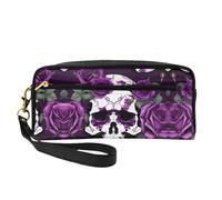SamLng Reusable Cosmetic Makeup Bag â€“ Purple Rose skeleton Print Leather Small Makeup Bag for Travel, Toiletry Organizer with Zipper, Black, One Size