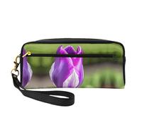 SamLng Reusable Cosmetic Makeup Bag – Purple Tulip Print Leather Small Makeup Bag for Travel, Toiletry Organizer with Zipper, Black, One Size