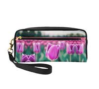 SamLng Reusable Cosmetic Makeup Bag – Purple Tulips Print Leather Small Makeup Bag for Travel, Toiletry Organizer with Zipper, Black, One Size