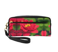 SamLng Reusable Cosmetic Makeup Bag – Red beautiful flower Print Leather Small Makeup Bag for Travel, Toiletry Organizer with Zipper, Black, One Size