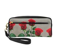SamLng Reusable Cosmetic Makeup Bag – Red Rose Flowers 1 Print Leather Small Makeup Bag for Travel, Toiletry Organizer with Zipper, Black, One Size
