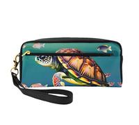 SamLng Reusable Cosmetic Makeup Bag â€“ Sea Turtle with Fishes Print Leather Small Makeup Bag for Travel, Toiletry Organizer with Zipper, Black, One Size