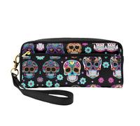 SamLng Reusable Cosmetic Makeup Bag – Sugar Skull Print Leather Small Makeup Bag for Travel, Toiletry Organizer with Zipper, Black, One Size