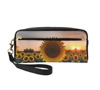 SamLng Reusable Cosmetic Makeup Bag – Sunflower and sunset Print Leather Small Makeup Bag for Travel, Toiletry Organizer with Zipper, Black, One Size