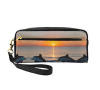SamLng Reusable Cosmetic Makeup Bag â€“ sunset dolphins Print Leather Small Makeup Bag for Travel, Toiletry Organizer with Zipper, Black, One Size