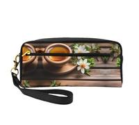 SamLng Reusable Cosmetic Makeup Bag – Teal Flower on Wooden Plank Print Leather Small Makeup Bag for Travel, Toiletry Organizer with Zipper, Black, One Size