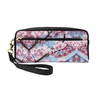 SamLng Reusable Cosmetic Makeup Bag – Tempting Cherry Blossoms Print Leather Small Makeup Bag for Travel, Toiletry Organizer with Zipper, Black, One Size