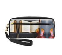 SamLng Reusable Cosmetic Makeup Bag â€“ Violin and Book Print Leather Small Makeup Bag for Travel, Toiletry Organizer with Zipper, Black, One Size