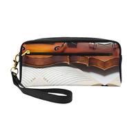 SamLng Reusable Cosmetic Makeup Bag â€“ Violin Book Print Leather Small Makeup Bag for Travel, Toiletry Organizer with Zipper, Black, One Size