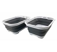 SAMMART 15L Collapsible Dish Drainer - Foldable Drying Rack - Portable Dinnerware Organizer - Space Saving Kitchen Storage Tray (White/Steel Grey (Set of 2))