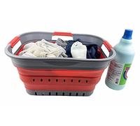 SAMMART 19L Super Mini Collapsible 3 Handled Plastic Basket - Foldable Pop Up Storage Container/Organizer - Space Saving Hamper/Basket (Grey/Red)