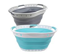 SAMMART 25L Collapsible Plastic Laundry Basket - Foldable Pop Up Storage Container/Organizer - Portable Washing Tub - Space Saving Hamper/Basket (Dark Grey + Haze Blue)