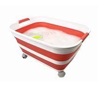 SAMMART 27L Collapsible Plastic Laundry Basket with Handle- Foldable Pop Up Storage Basket- Space Saving (1, White/Coral Pink (w/wheel))