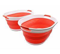 SAMMART 28L Collapsible Plastic Laundry Basket - Oval Tub/Basket - Foldable Storage Container/Organizer - Portable Washing Tub - Space Saving Laundry Hamper (White/Orange Red, 2)