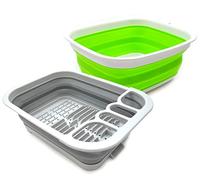 SAMMART 2pcs Kitchen Set : Collapsible Dish Drainer with Drainer Board & 7.7L Collapsible Tub-Foldable Dish Tub-Portable Washing Basin pace Saving Plastic Washtub (Grey+Green, 2)