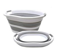 SAMMART 36L Set of 2 Collapsible Plastic Laundry Basket - Oval Tub/Basket - Foldable Storage Container- Portable Washing Tub - Space Saving Laundry Hamper, Water Capacity: 28L (2, White/Grey)