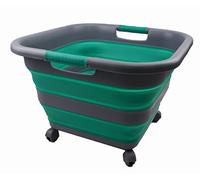 SAMMART 39L Collapsible Plastic Laundry Basket with Wheels - Foldable Pop Up Storage Container/Organizer with wheels - Portable Washing Tub - Space Saving Basket (1, Dark Grey/Bluish-Green)