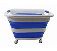 SAMMART 39L Collapsible Plastic Laundry Basket with Wheels-Foldable Pop Up Storage/Organizer-Portable Washing Tub-Space Saving Basket (1, Grey/Purplish Blue)