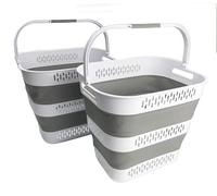 SAMMART 40L Collapsible Plastic Laundry Basket with Handles - Foldable Pop Up Storage Container/Organizer - Portable Laundry Hamper - Space Saving (2, White/Grey)