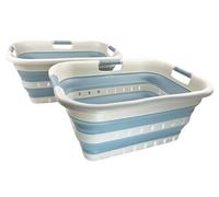 SAMMART 41L Collapsible 3 Handled Plastic Laundry Basket - Foldable Pop Up Storage Container/Organizer - Space Saving Hamper/Basket (2, Grey/Sterling Blue)