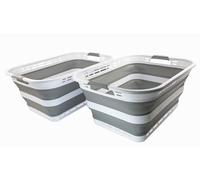 SAMMART 42L Collapsible Plastic Laundry Basket - Foldable Pop Up Storage Container/Organizer - Portable Washing Tub - Space Saving Hamper/Basket (White/Grey (Set of 2))